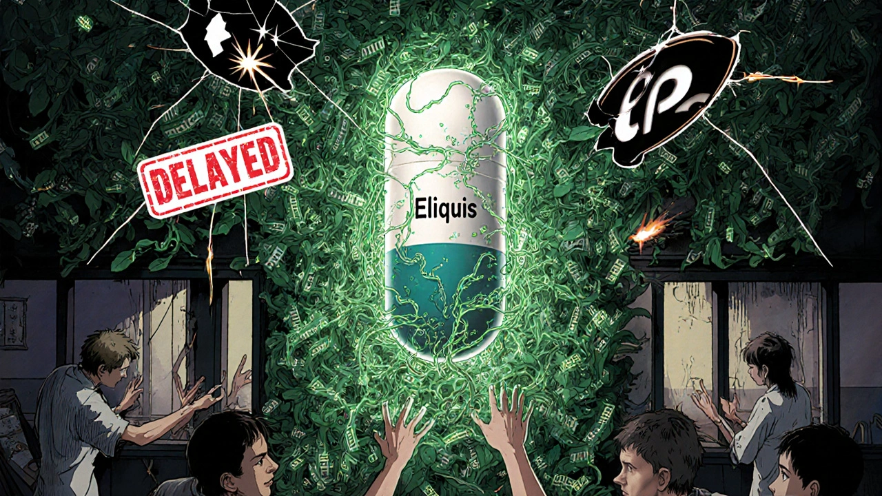 A pill surrounded by a dense thicket of glowing patents shaped like vines and devices, patients reaching out helplessly from outside.