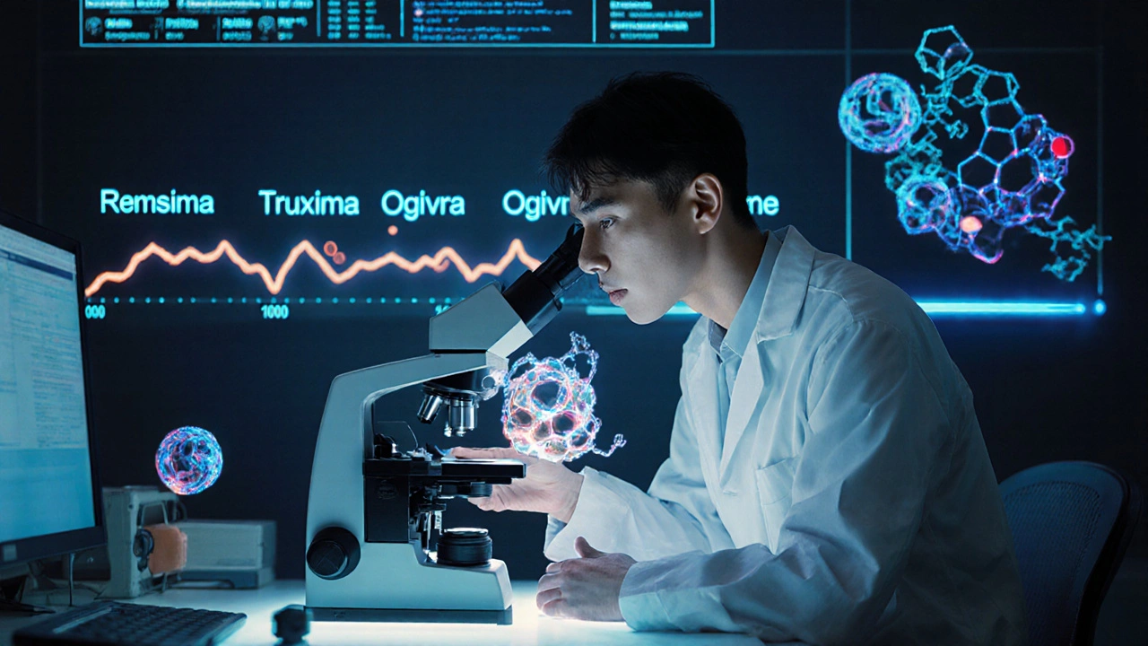 A scientist analyzing antibody biosimilars with holographic data in a high-tech laboratory.