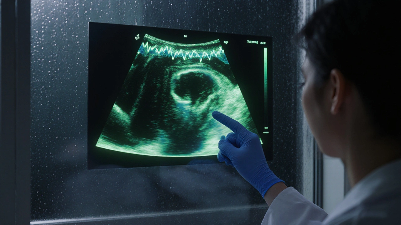 An echocardiogram screen displaying abnormal right ventricle measurements, reflected in a patient&#039;s tired face.