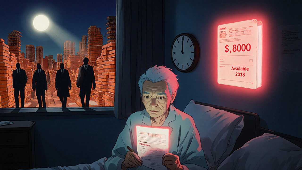 An elderly patient stares at a 0 bill while a generic version of their drug flickers in hologram, labeled &#039;Available 2018&#039;, with the year 2027 shown on a clock.