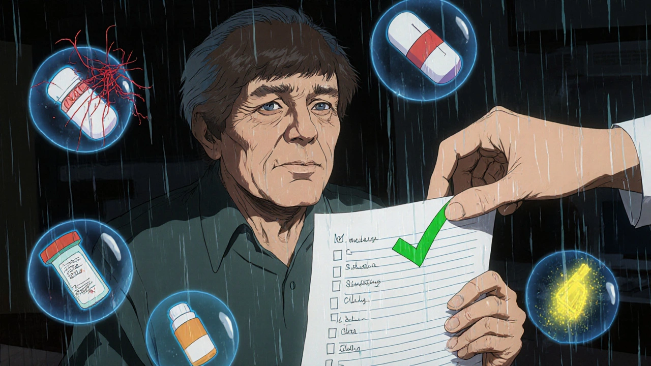 An elderly person with medication list, surrounded by holographic drug interactions, while a pharmacist adds a safety checkmark.
