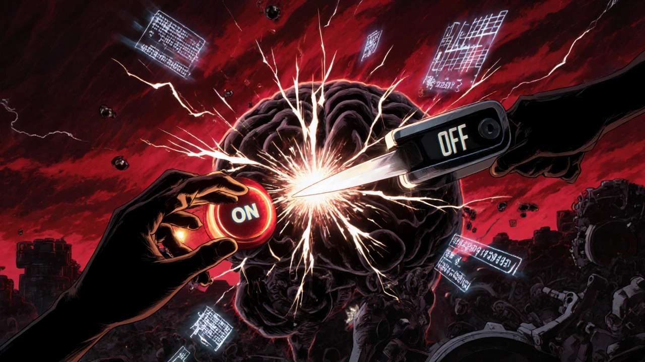 An opioid molecule and naloxone clashing at a neural synapse, sparking a receptor shutdown in a dark biomechanical brain.