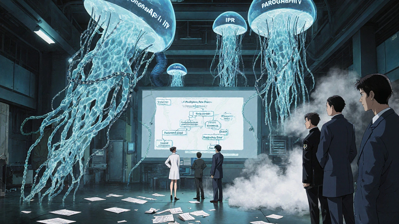 Biologic molecules entangled in legal chains within a high-tech lab.