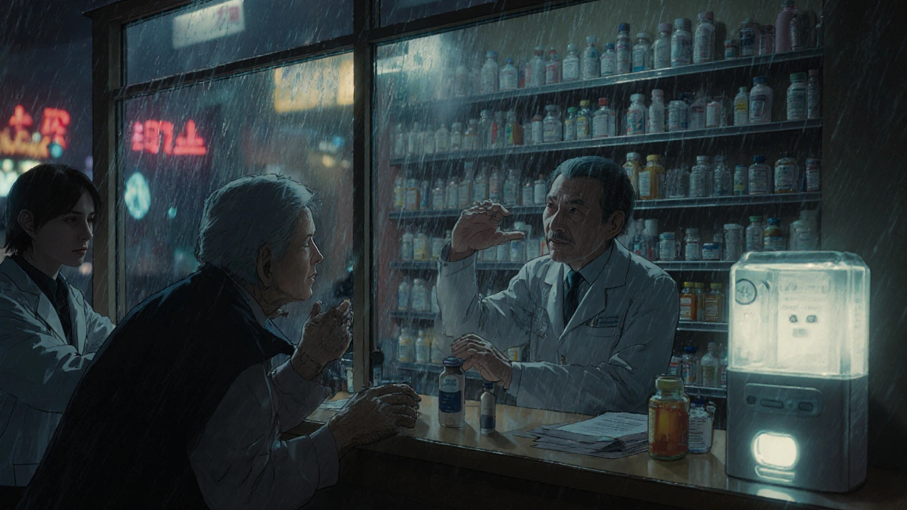 Deaf elderly person at pharmacy counter, pharmacist gesturing behind glass, talking pill dispenser glowing on counter.