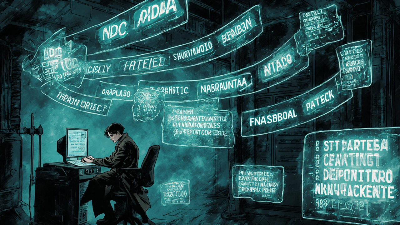 Digital data stream of NDC codes and manufacturer names flows through a dystopian server room with an FDA analyst at work.