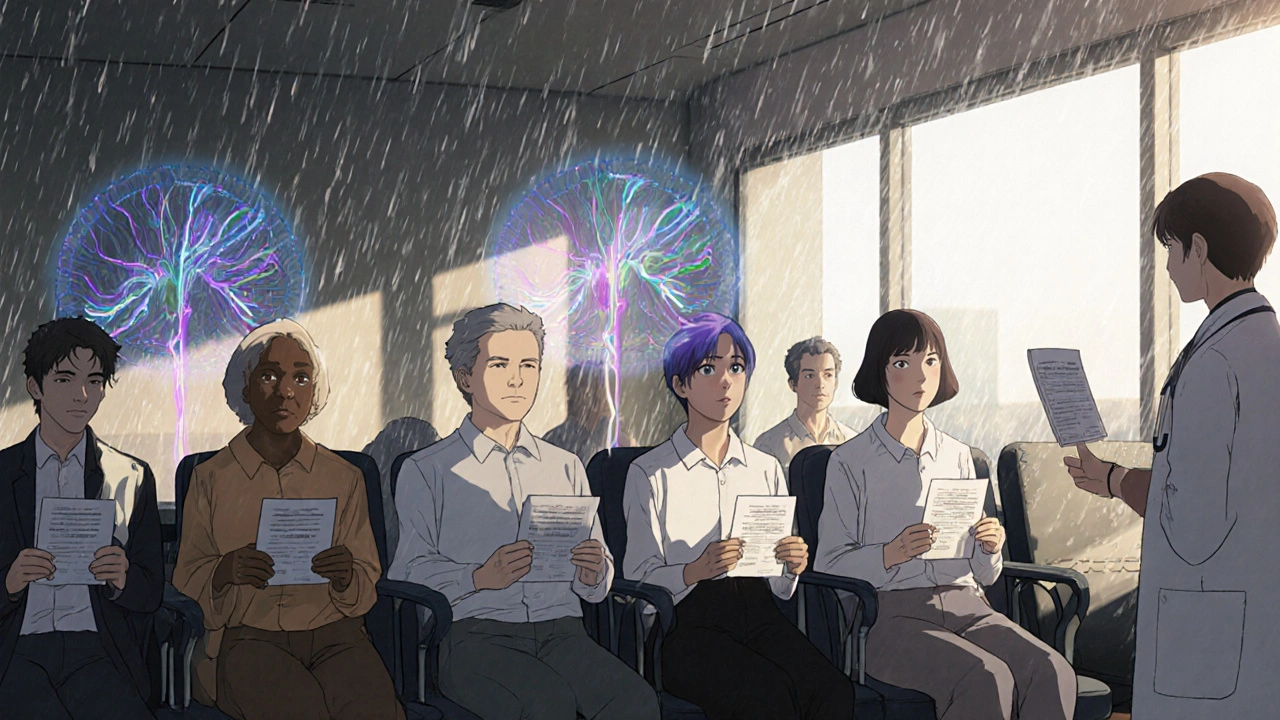 Diverse patients in a clinic holding biosimilar prescriptions, with translucent overlays showing identical immune responses.