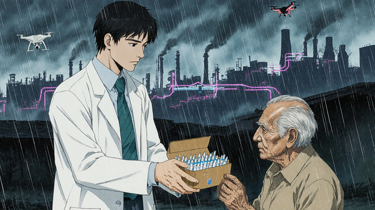 Doctor in rural India handing insulin pens to an elderly patient, factory lights glowing in the monsoon mist.