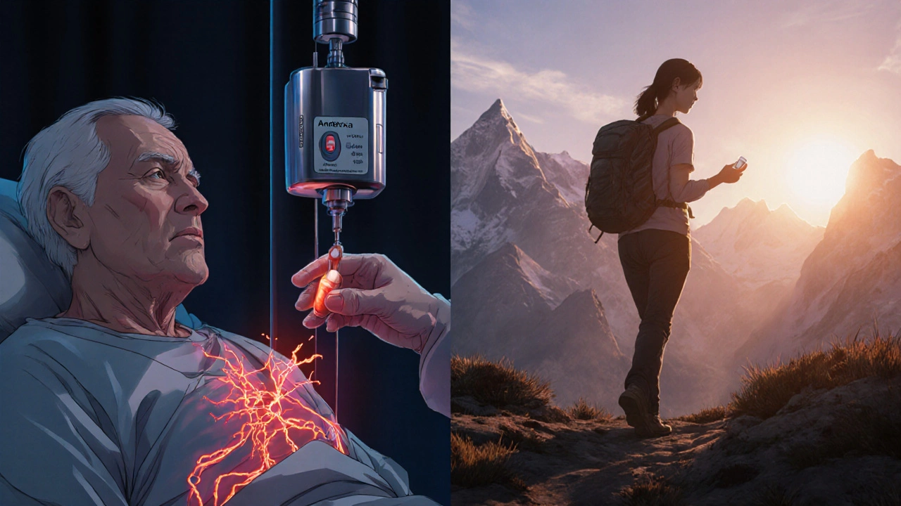 Elderly man receiving reversal agent in hospital, woman hiking with pill case, blood vessel graphic connecting scenes.