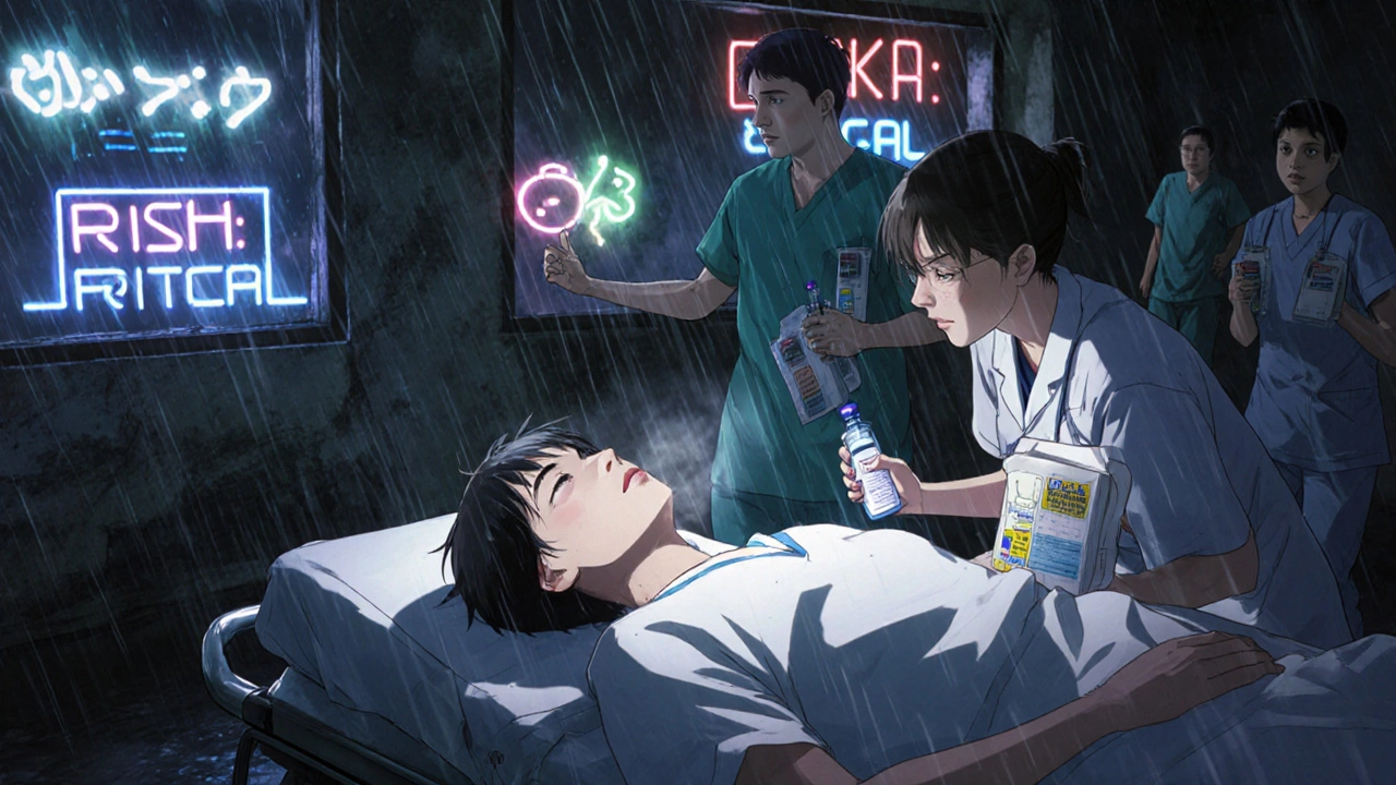 Emergency room scene with patient in distress, medical staff rushing, holographic DKA warning flashing.