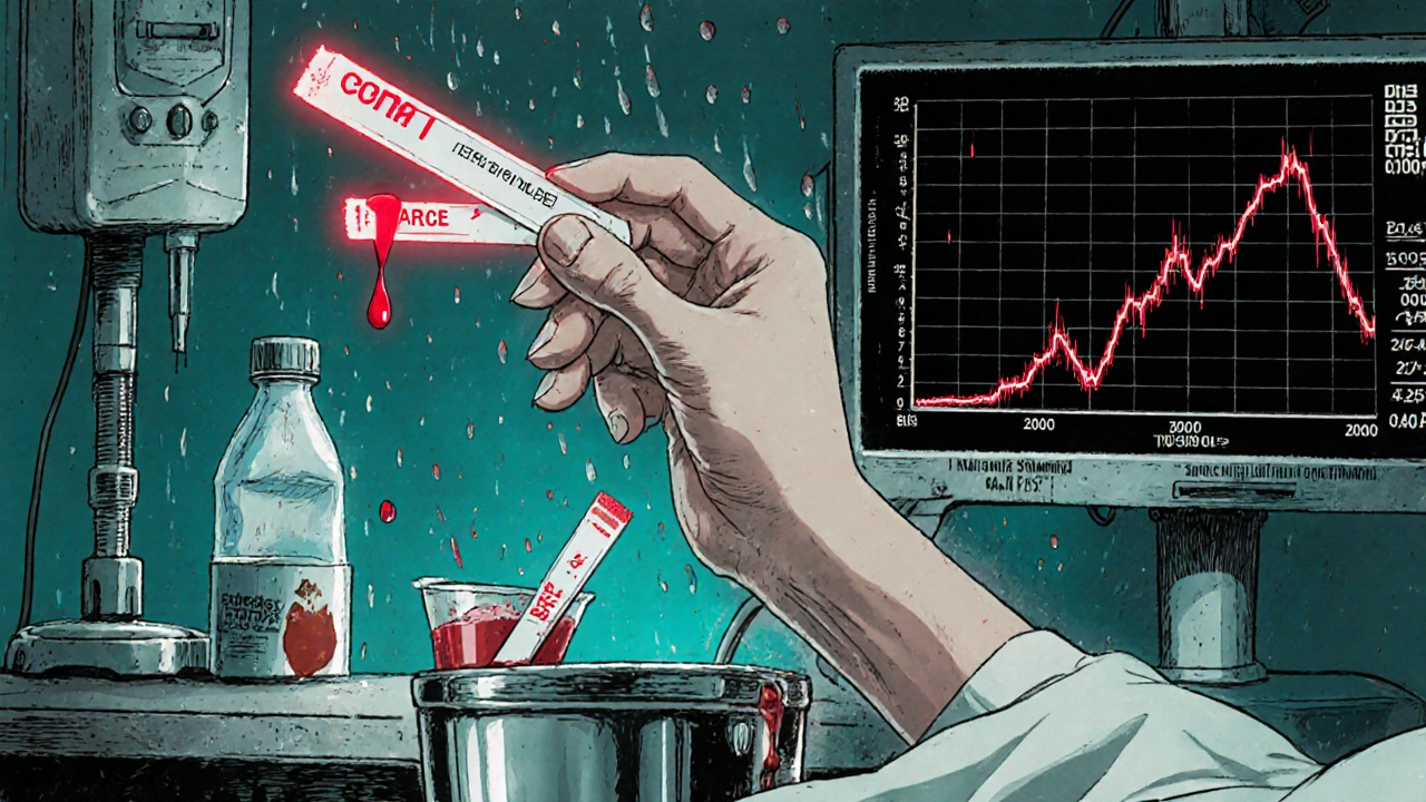 Hand holding blood ketone strip with high reading, discarded urine strip and sugar-free drink on table.