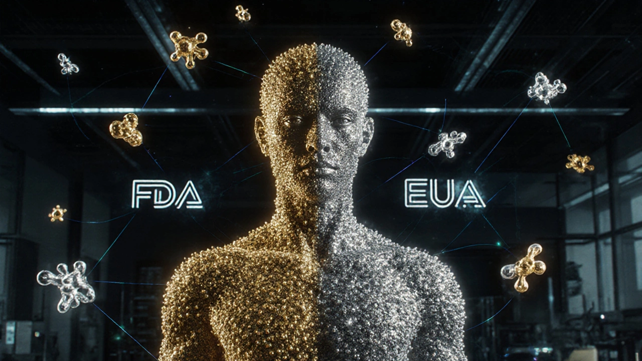 Living cells forming a human silhouette, half golden and half silver, with floating molecular models and holographic medical logos.