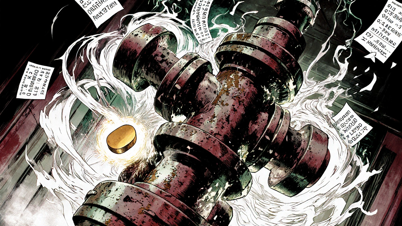 Mechanical heart valve with shattering DOAC molecules, warfarin tablet glowing beside it in dystopian hospital setting.