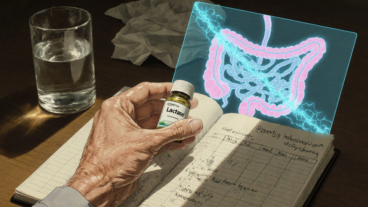 Older hand holding lactase pill beside food diary with animated digestive tract overlay.