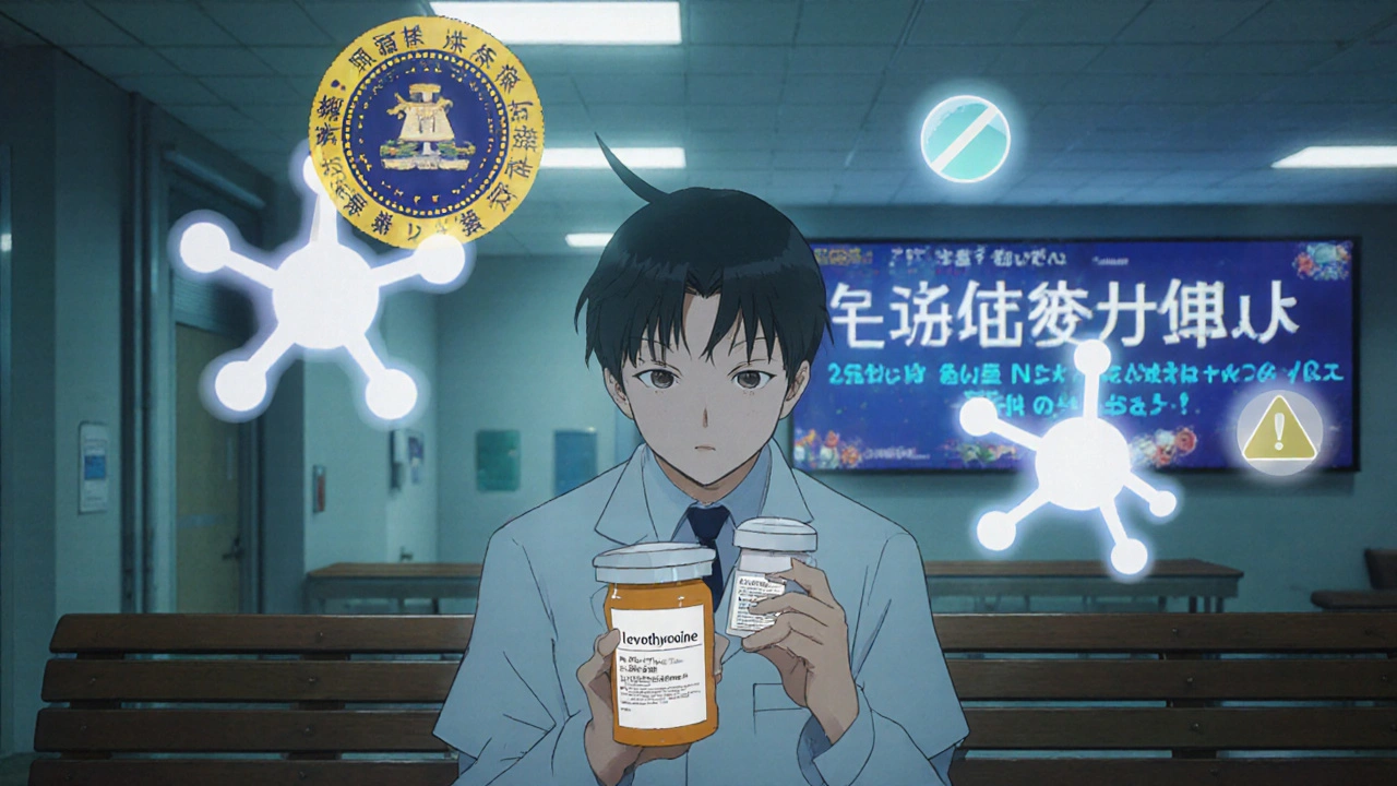 Patient comparing pills with flickering molecular overlays, warning glyphs floating above as digital health message glows in background.