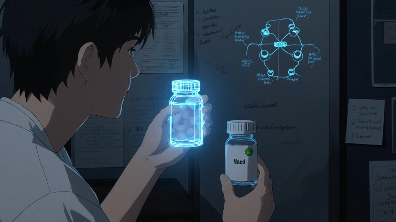 Patient holding two pill bottles, one branded and one plain, with floating wireframe drug structure in dim apartment.