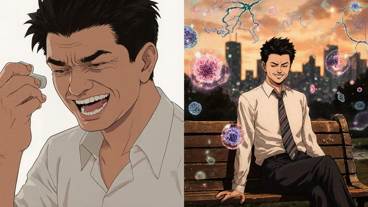 Patient taking statin twice weekly with molecular visualization showing liver-targeted delivery.