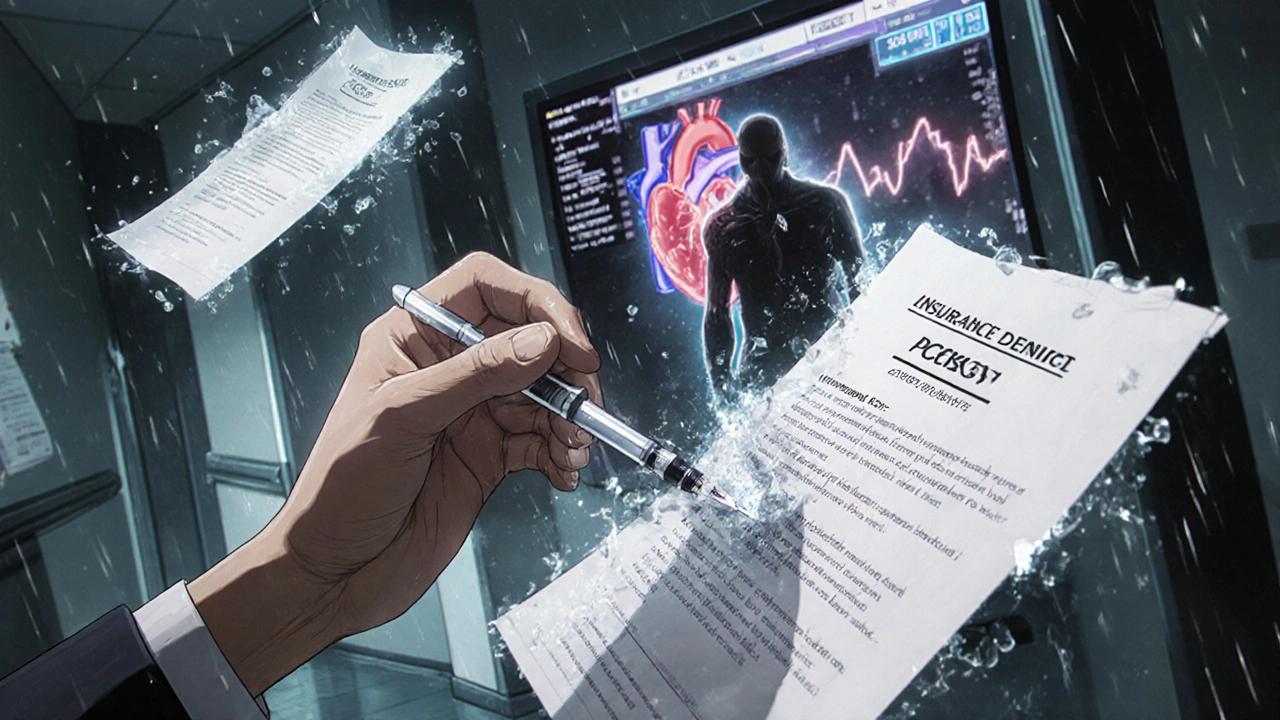 Patient using PCSK9 injector as insurance denials fade into approval notifications.