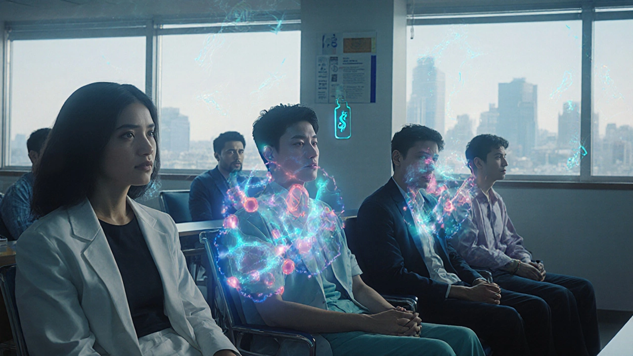 Patients receiving biosimilar infusions with molecular holograms floating above them in a modern clinic.