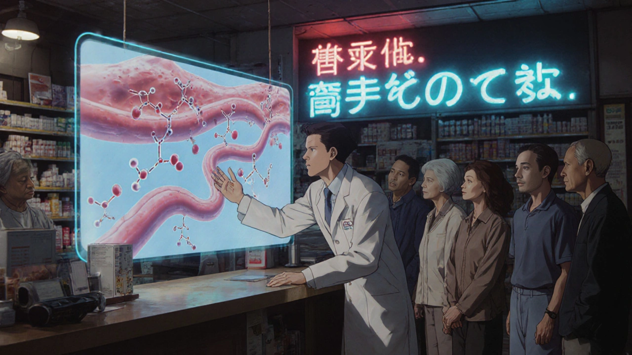 Pharmacist explaining generics via hologram of matching drug molecules, patients watching in awe under neon pharmacy lights.