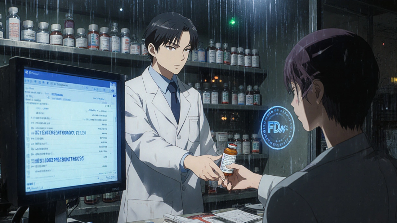 Pharmacist handing a prescription to a patient, with holographic FDA seal and glowing computer screen in background.