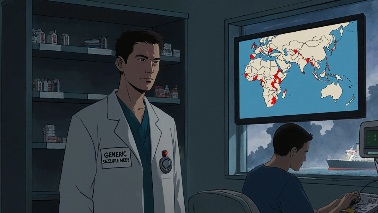 Physician facing empty generic drug shelf in a U.S. hospital, global supply chain alerts flashing on monitor.