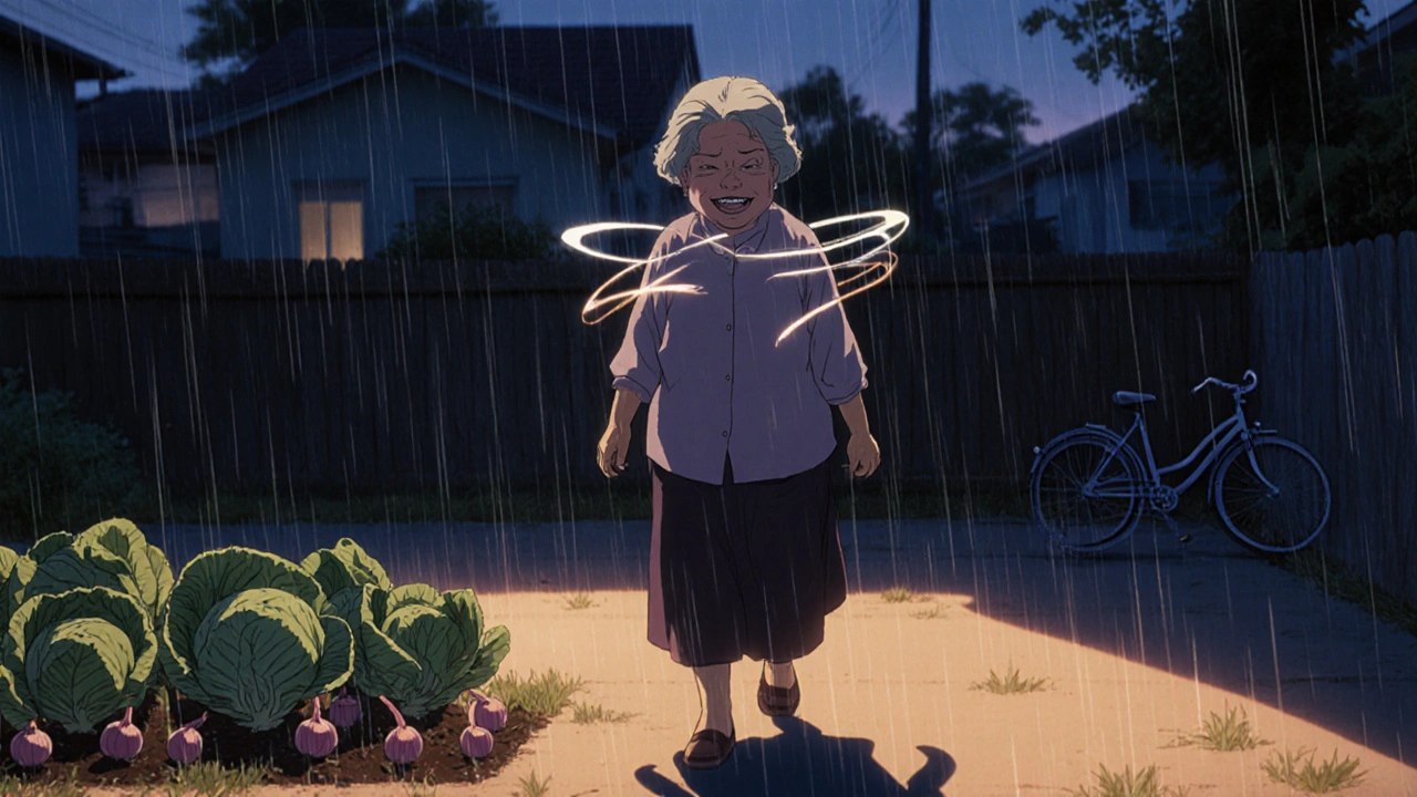 Senior woman walking at dusk with glowing gas wisps escaping as she passes vegetables.