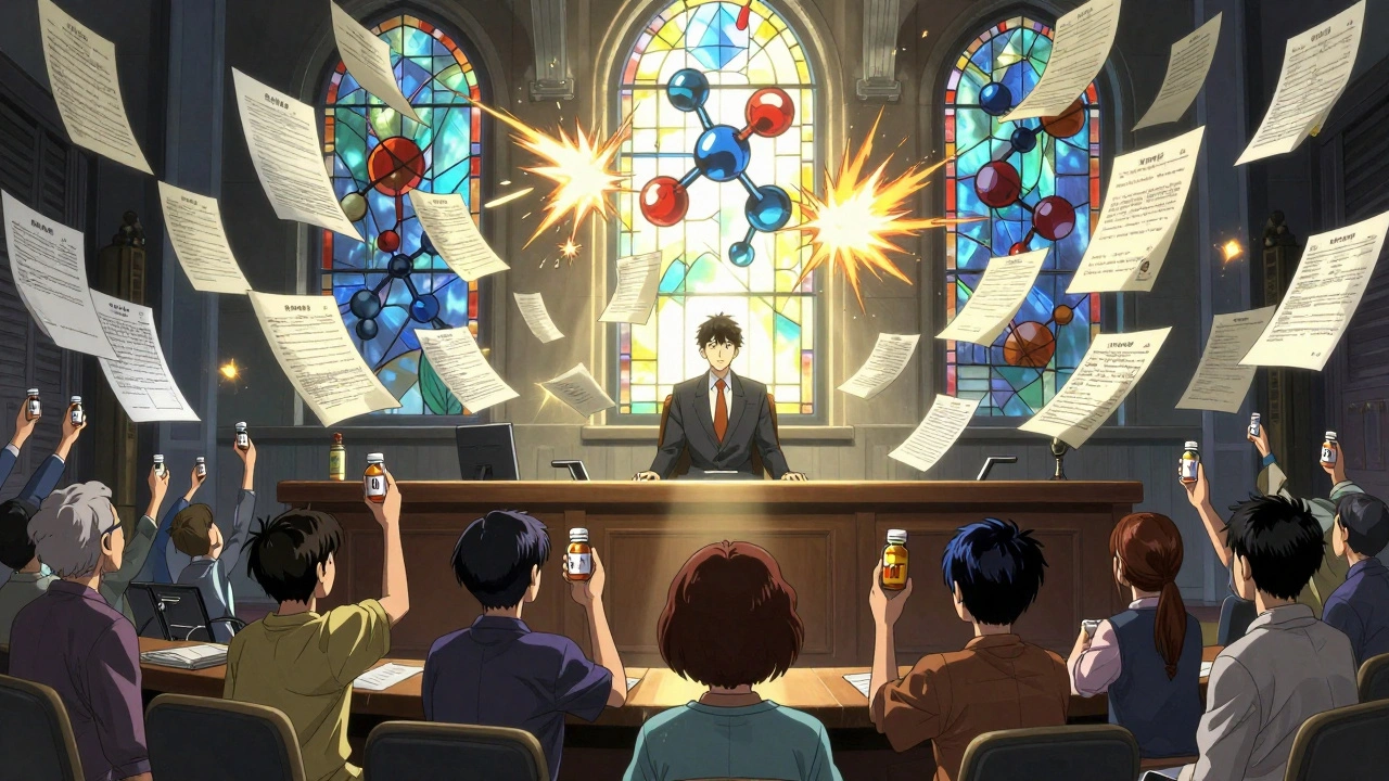 A courtroom where invalidated patents explode as patients hold up  pill bottles bathed in sunlight.