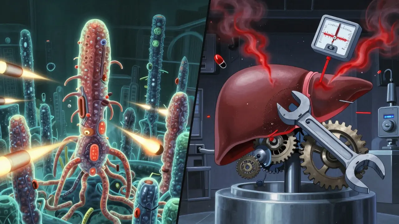 A cyberpunk gut microbiome city under antibiotic attack, with liver enzymes failing and INR meter spiking.