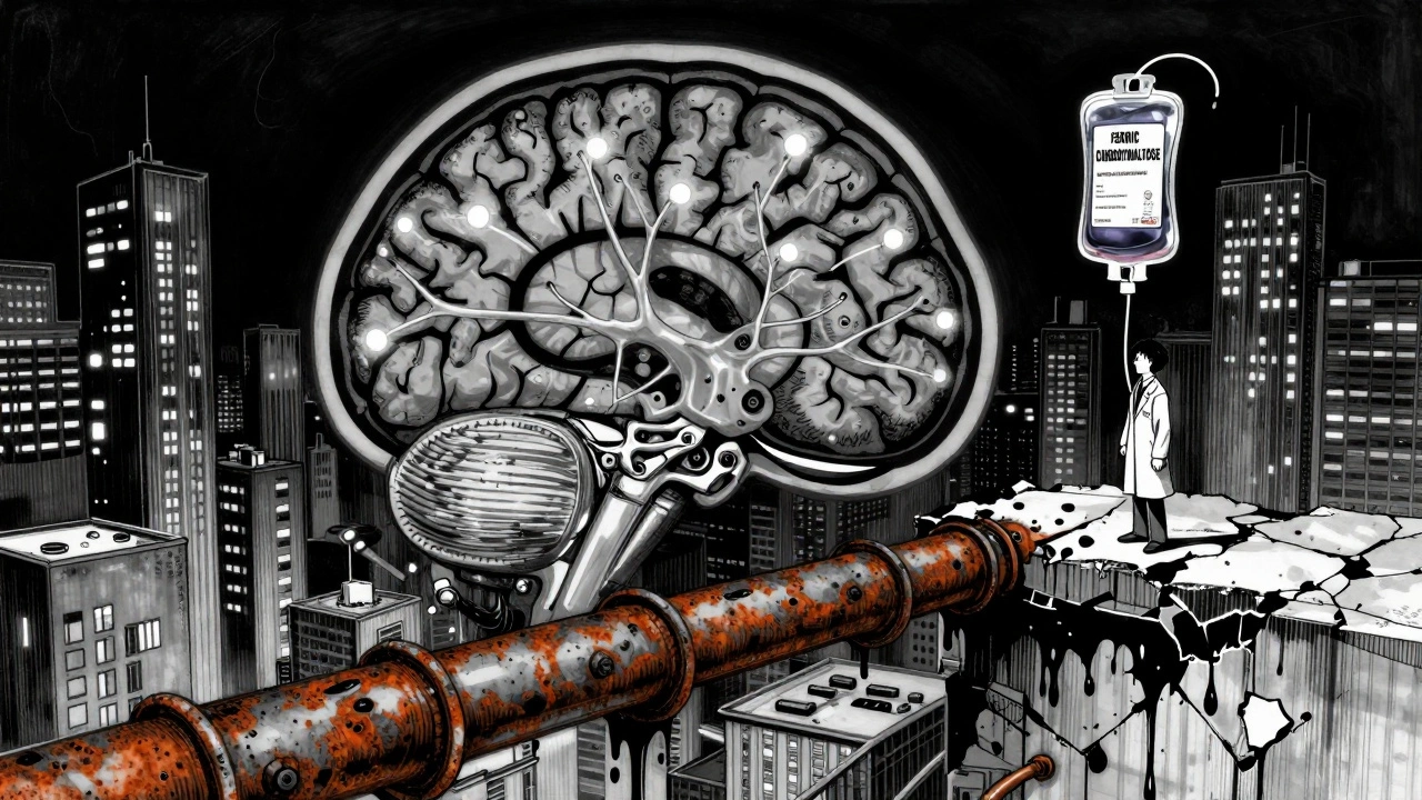 A dystopian brain scan cityscape shows dimming dopamine lights and rusted iron pipes leaking into key neural regions.