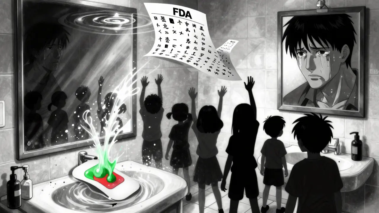 A fentanyl patch dissolving in water, transforming into ghostly figures as FDA drug names float above.