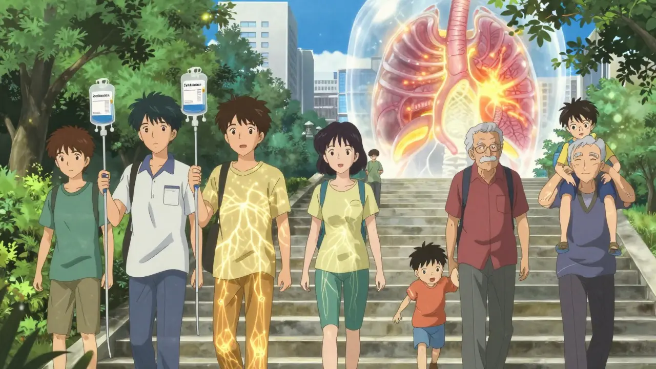 A group of patients walking in a park, faint neural energy glowing around them, symbolizing improved mobility and remission.