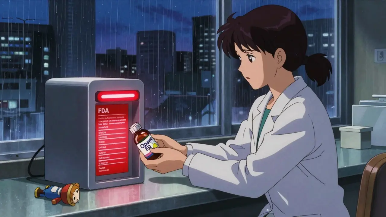 A mother disposing of Opana ER pills at a pharmacy take-back kiosk with an FDA flush list sticker.