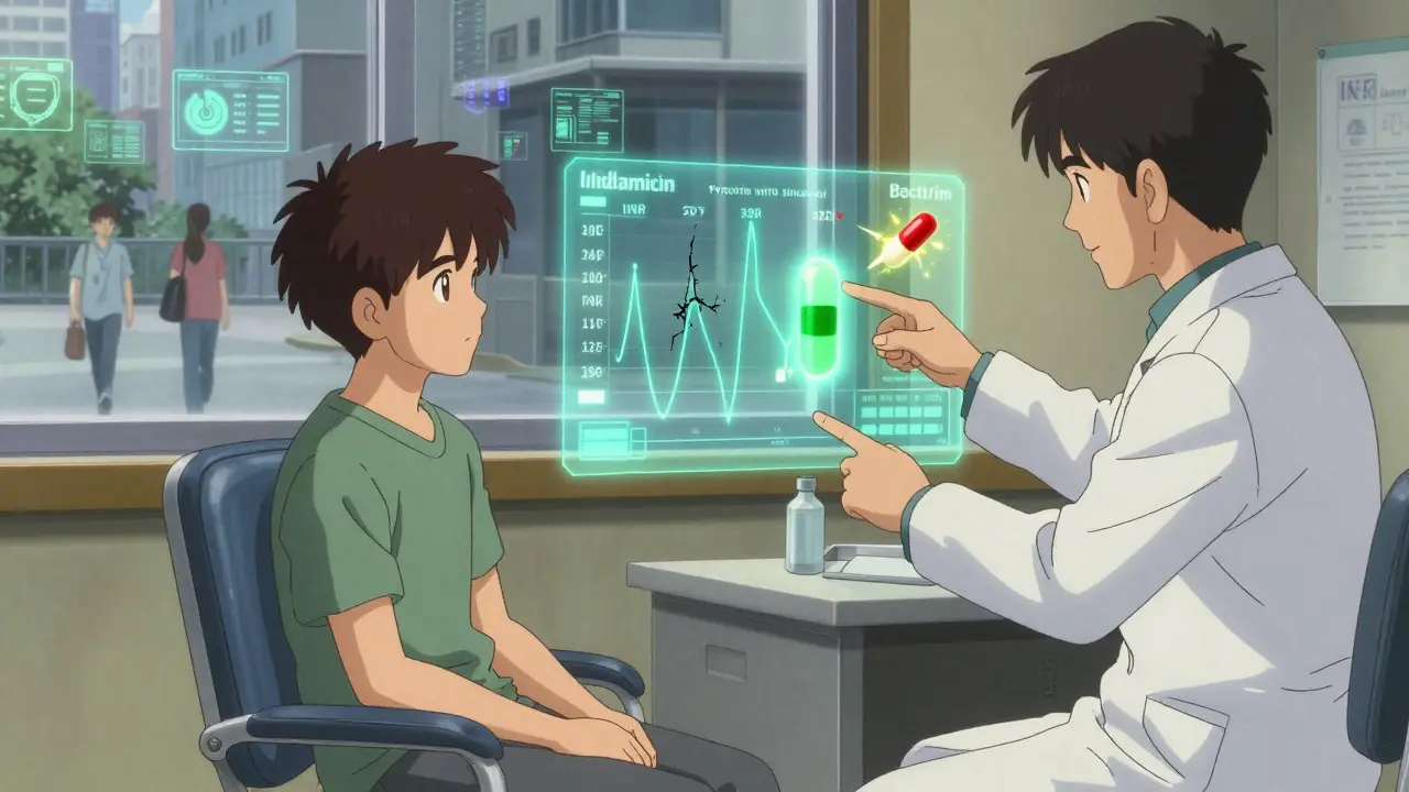 A patient and pharmacist viewing a holographic INR timeline, with safe and risky antibiotics highlighted in glowing colors.