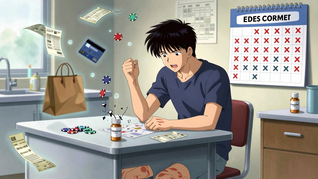 A patient experiences daytime symptom spread, surrounded by ghostly images of compulsive shopping and gambling.