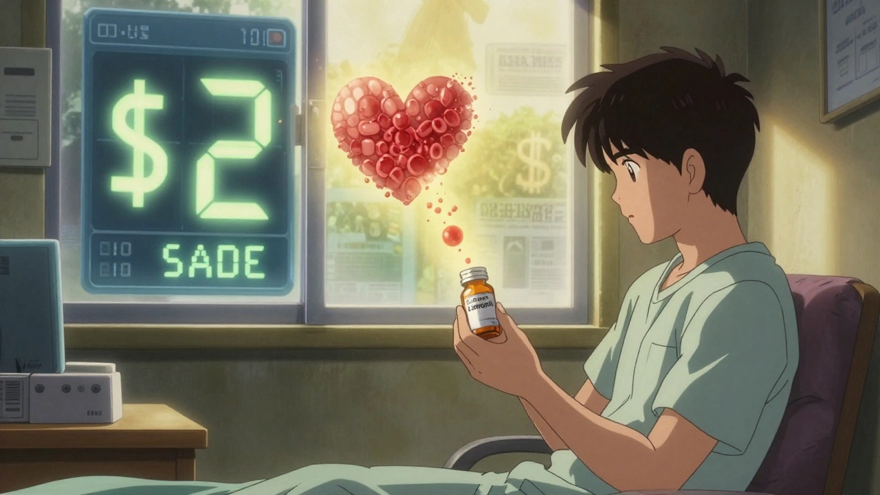 A patient holding a generic pill bottle as light forms a heart and dollar sign, with a savings counter in the background.