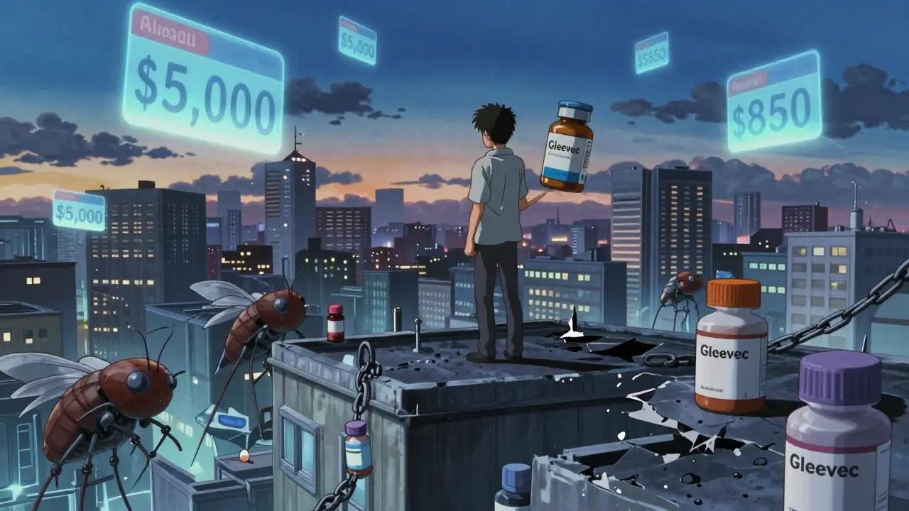 A patient holds a costly pill bottle on a hospital roof as holographic prices hover above a city where generics rise from below.