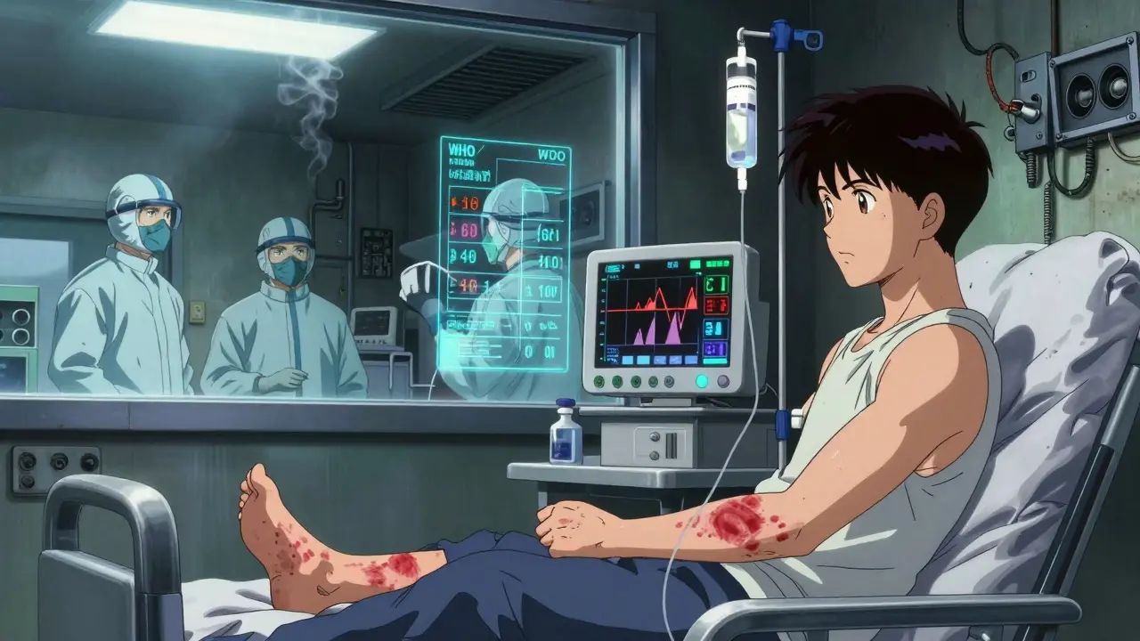 A patient receives a drug rechallenge in a sterile chamber, a rising rash monitor glows on their ankle.