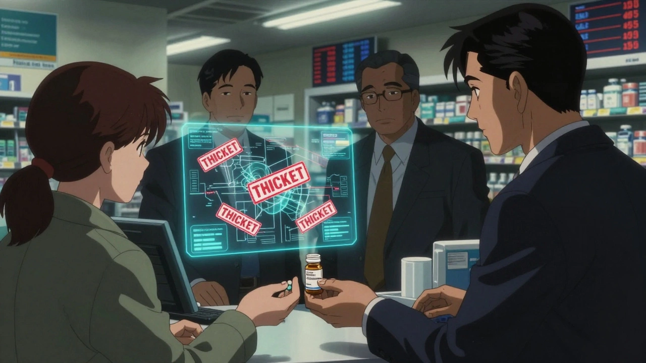 A patient receiving a cheap generic pill while corporate executives monitor patent maps in a flickering pharmacy.
