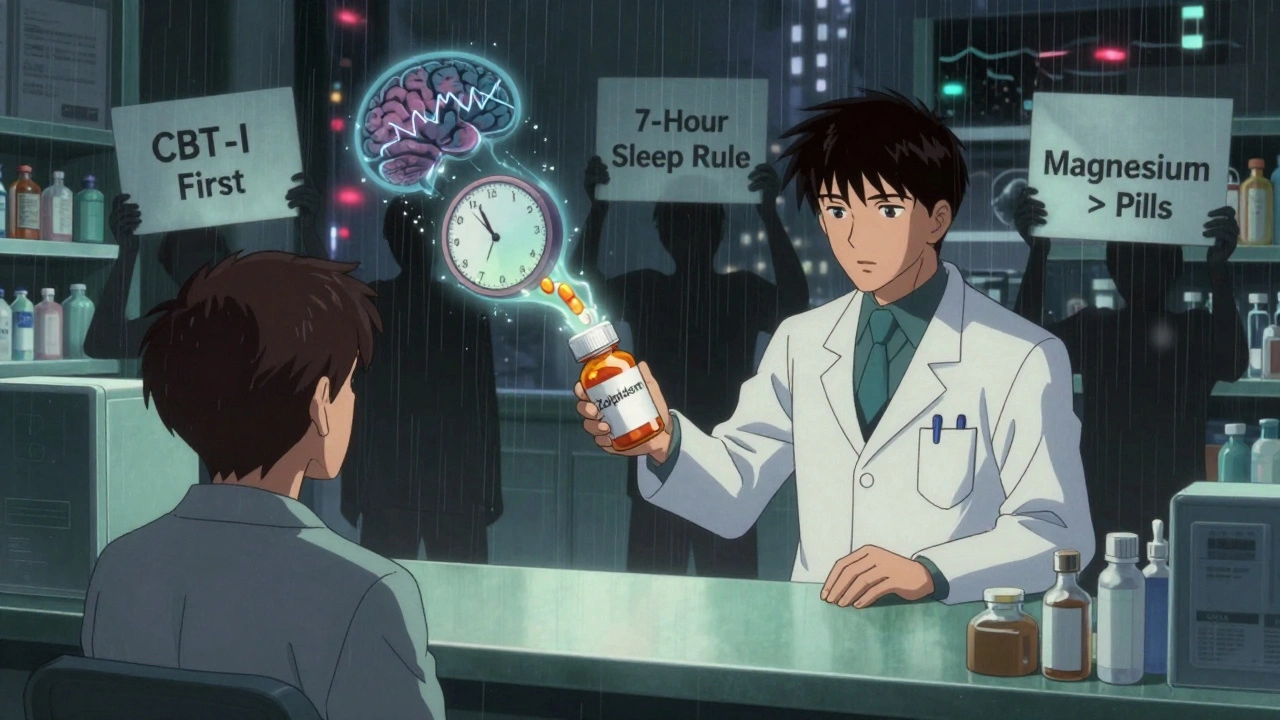 A pharmacist hands a pill bottle that turns into a backward clock, while signs promote therapy and sleep rules in a dystopian pharmacy.