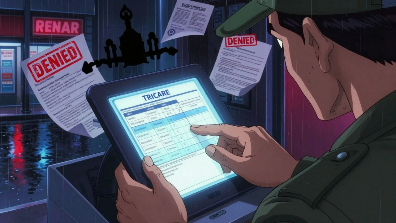 A retiree using a formulary search tablet at a pharmacy kiosk, with digital denial stamps and authorization forms floating ominously nearby.