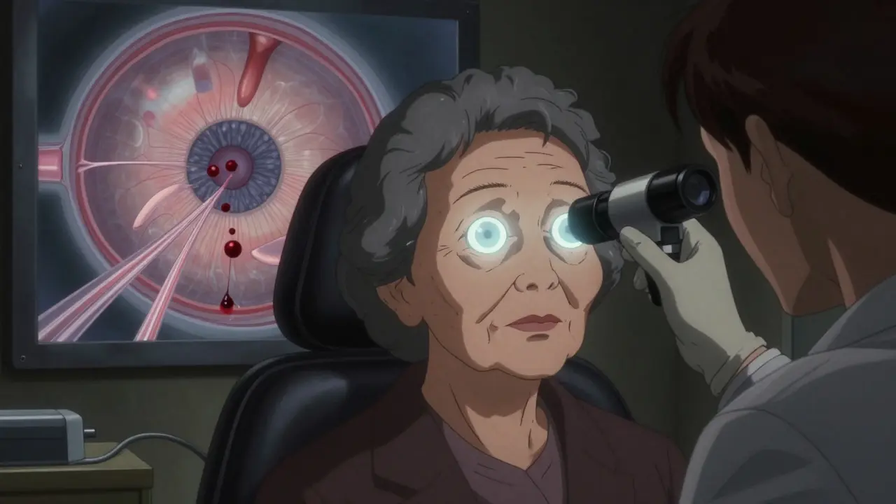 An elderly woman in an eye clinic with a translucent view of her vitreous detaching from the retina.