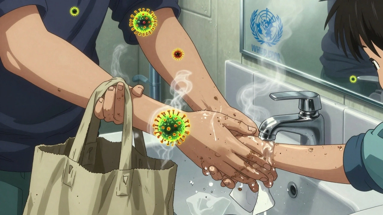 Child’s dirty hands holding grocery bag, glowing germs around them, transitioning to proper handwashing with poster reflection.