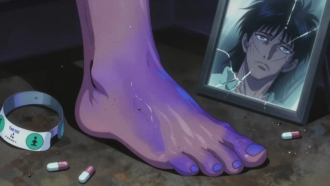 Close-up of purple discoloration on toes, medical bracelet, and pills under dim lighting.
