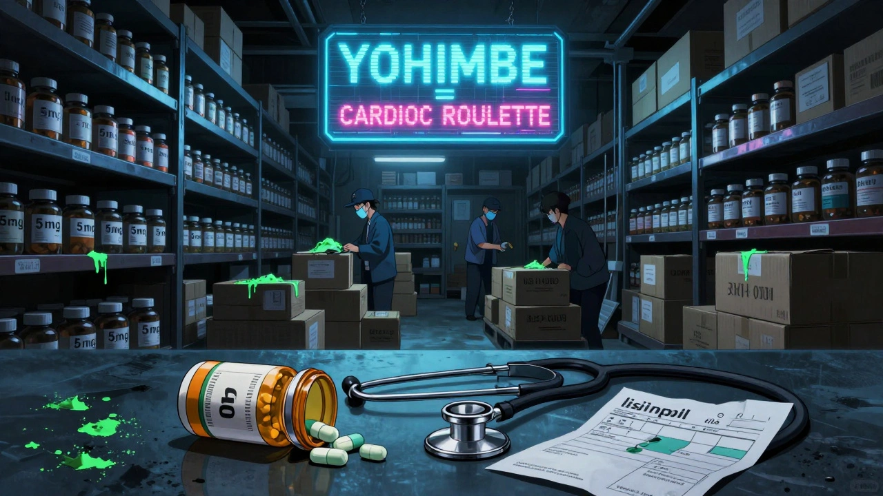 Dark warehouse with unlabeled yohimbe capsules, glowing powder, holographic warning, discarded pill bottle and stethoscope.