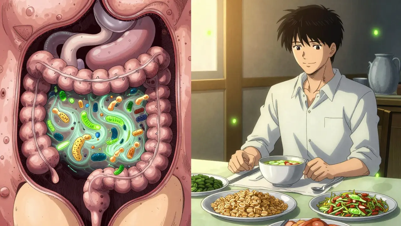 Digestive system with fermenting carbs on one side, person eating healthy meals on the other