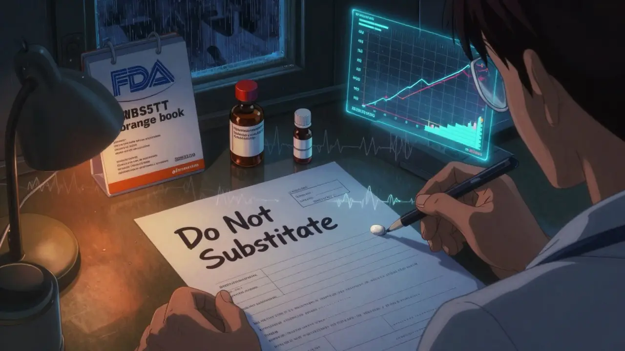 Doctor's desk with a 'Do Not Substitute' prescription and floating therapeutic index graphs at night.