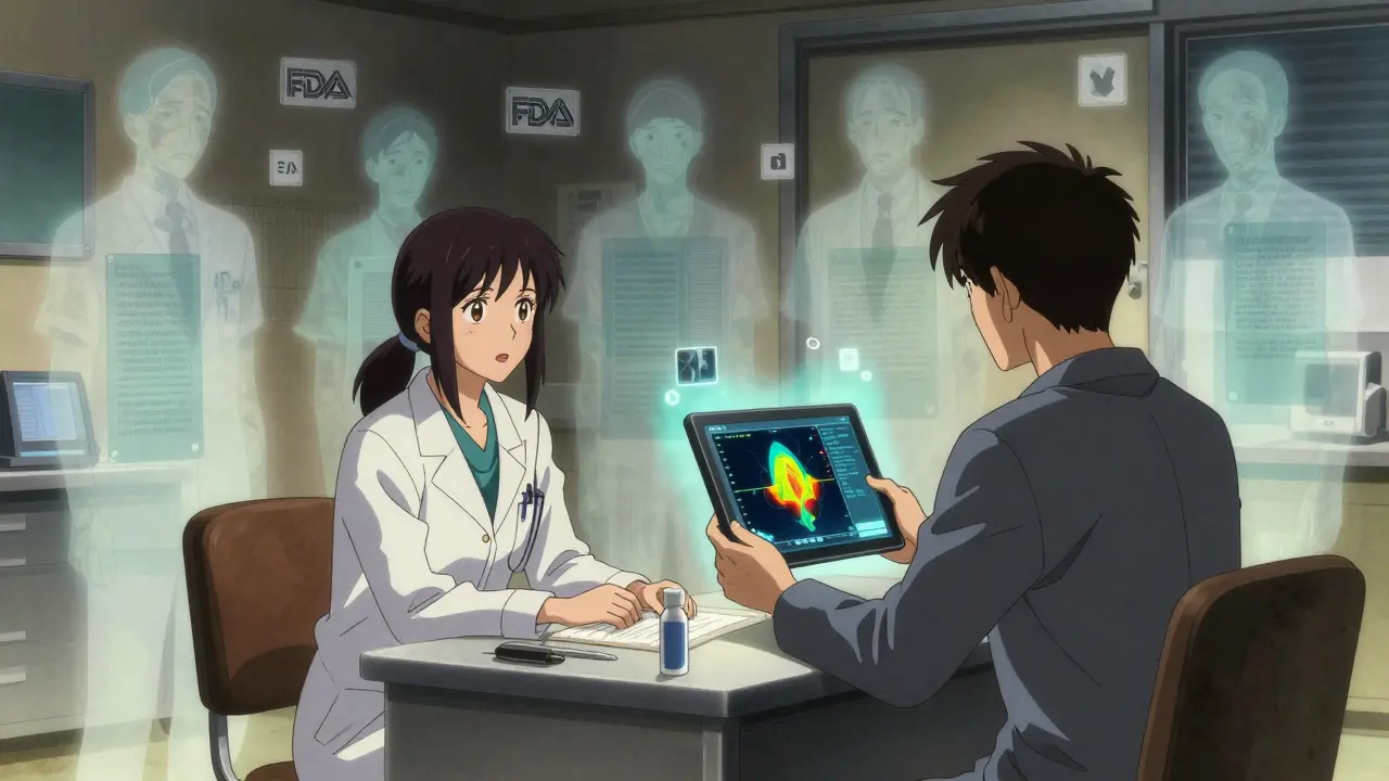 Doctor and patient reviewing a 3D symptom heatmap on a tablet, ghostly patient figures fading in the walls.