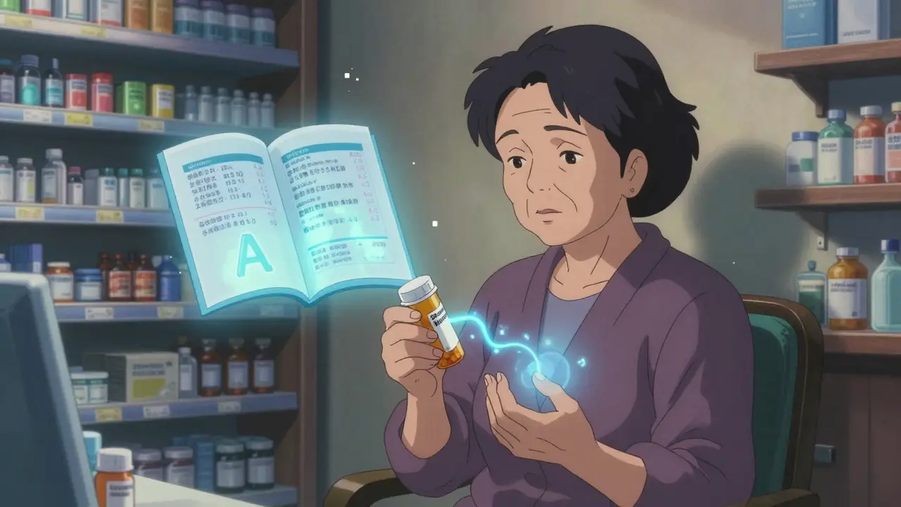 Elderly woman holding generic pill bottle as old prescriptions fade into light