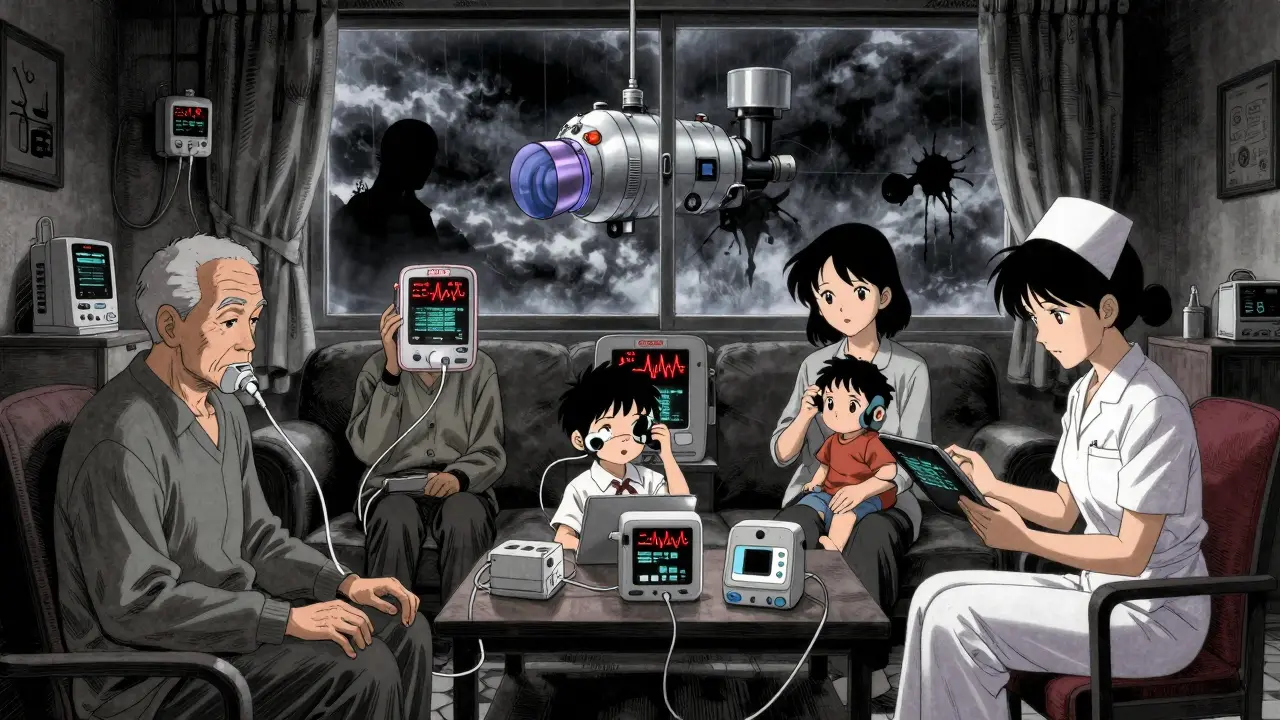 Family members illuminated by FDA alert notifications on their medical devices at night.