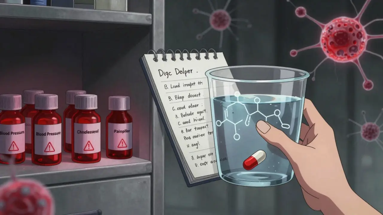 Five glowing pill bottles contrast with one dissolving pill transforming into a fading rash icon.